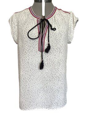 Daniel Rainn M White Polka Dot Short Sleeve Top Embroidered Neck Tie Tassel